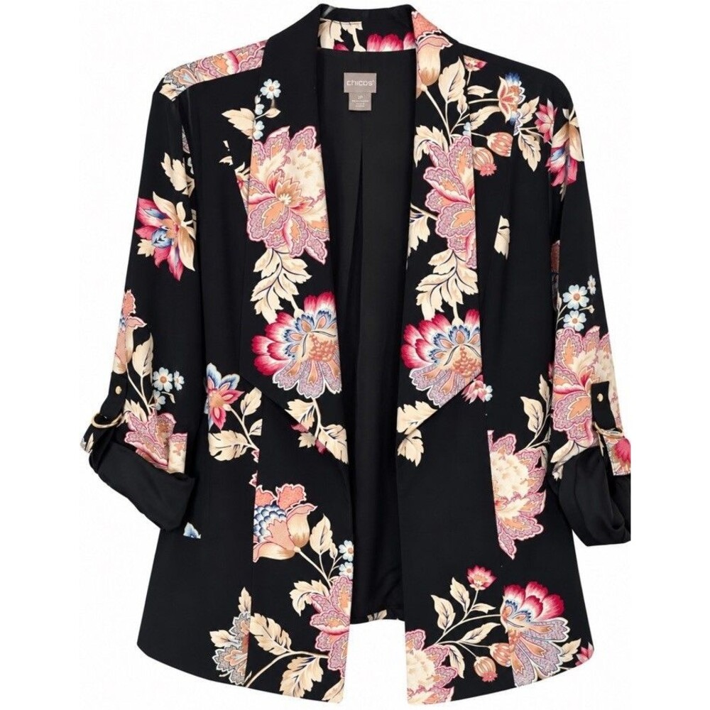 Chico’s 2P (12/14 Petite) Floral Statement Blazer Black Botanical Gold Detail